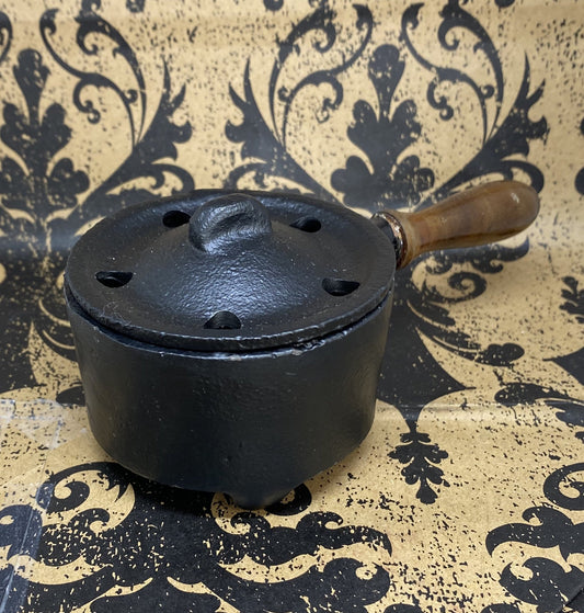 Sm Cast Iron Incense Pot With Lid And Wood Handle