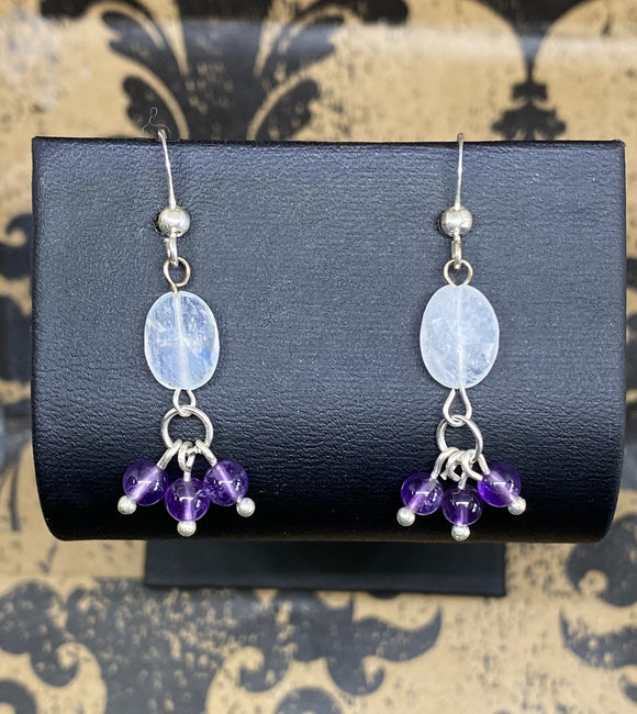 Earrings Sterling Silver French Wire Rainbow Moonstone with Amethyst