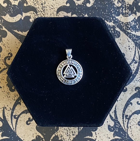 Pendant Sterling Silver Valknut with Runes